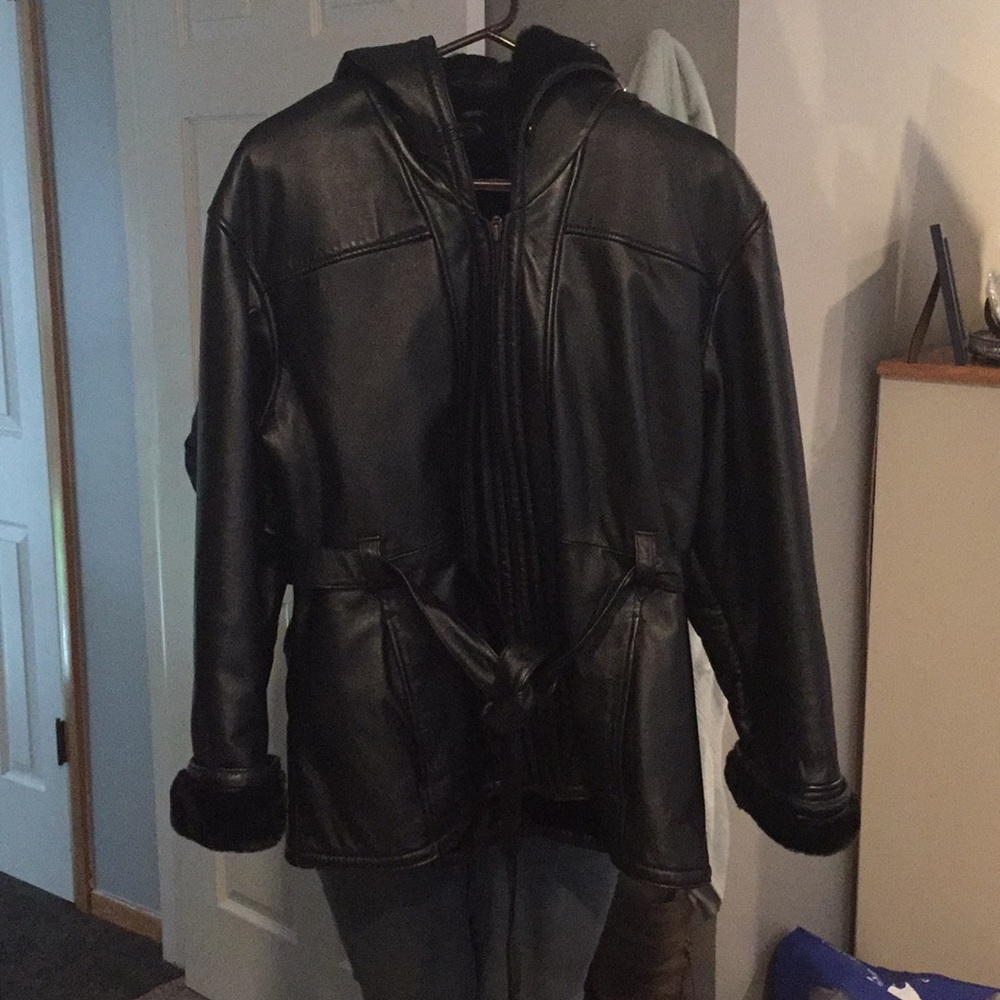 Fur lined leather coat